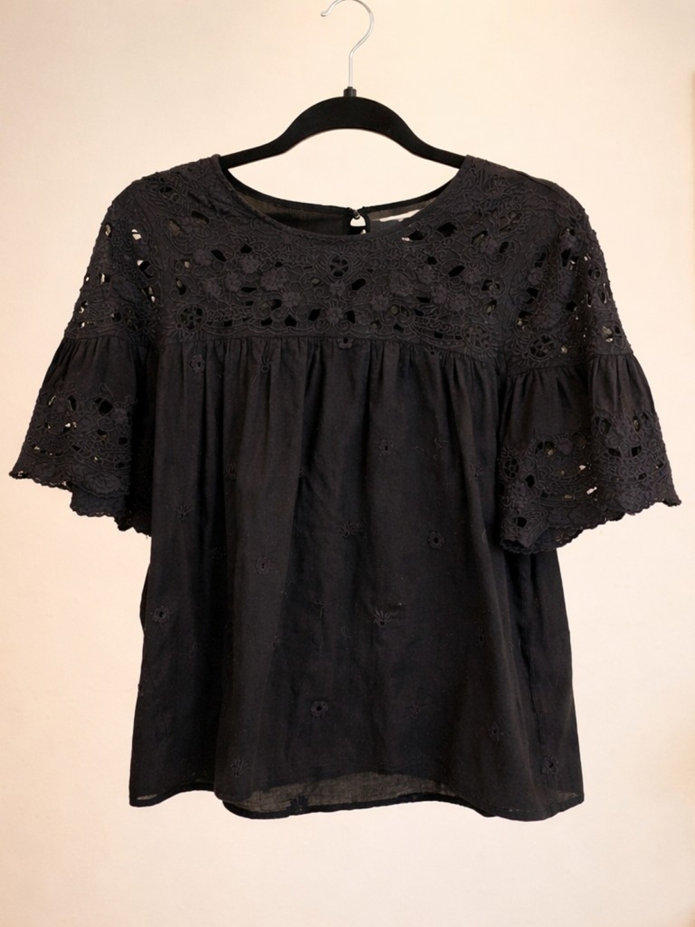 Maeve Black Crochet Yoke Flutter-Sleeve Top